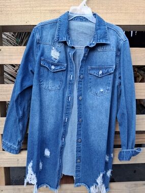 Women's Distressed Denim Shirt Jacket - Blue